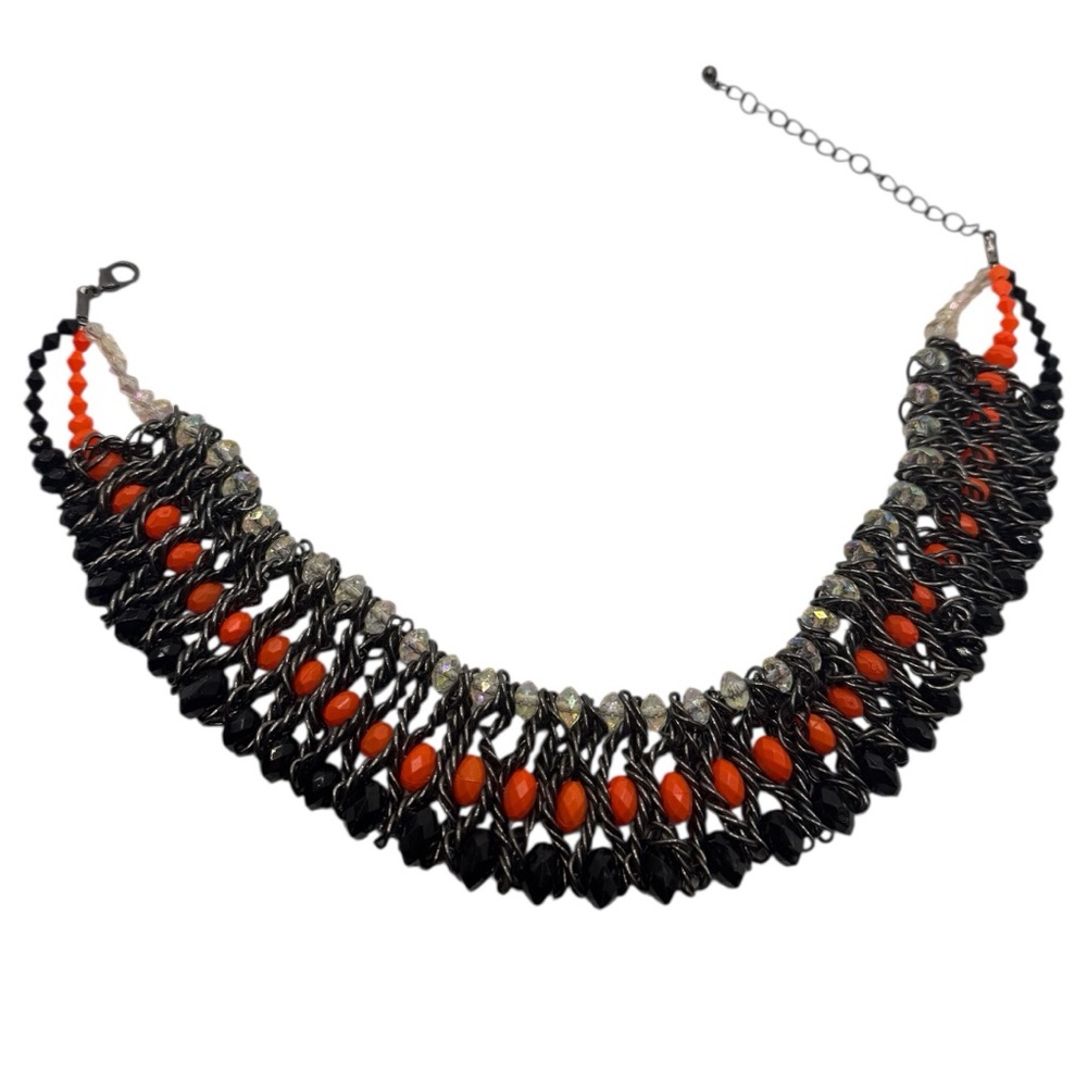 Artisan Chainmaille Statement Necklace – Gunmetal, Orange & Black Glass Beads